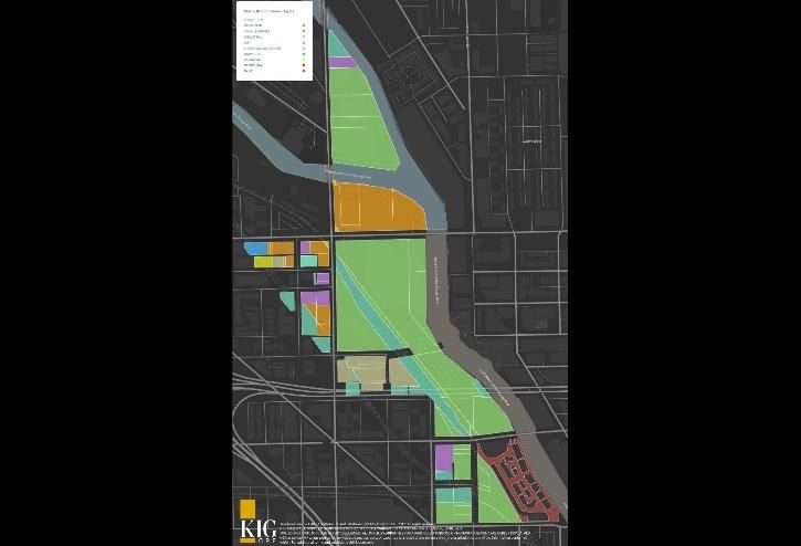 A map of available land on the North Branch Industrial Corridor's lower portion, and who controls it.