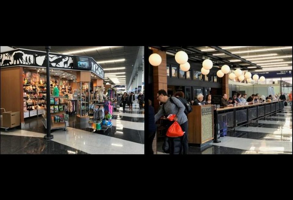 Retail at O'Hare International Airport (left) and Publican Tavern at O'Hare's Terminal 3.