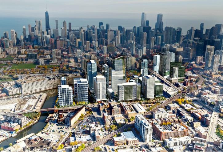 An aerial rendering of the Tribune's Freedom Center redevelopment, looking east.