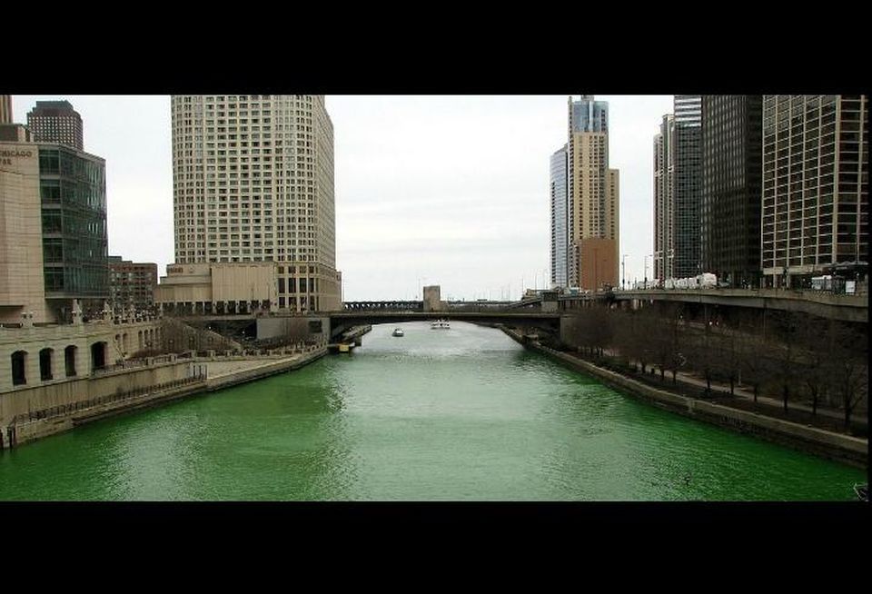 The Chicago River, dyed green for St. Patrick's Day