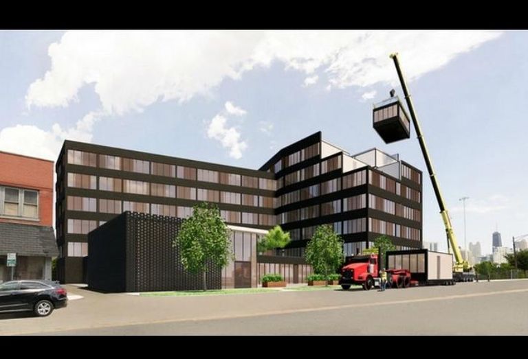 A rendering of a modular construction project envisioned by Skender.