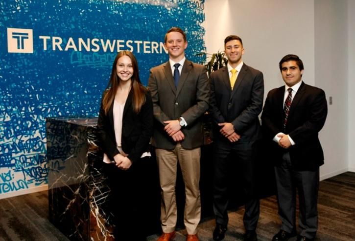 Transwestern's 2016 summer interns: Jessica Hanson (Fargo, ND, senior, University of Wisconsin – Madison); Ross Williams (Lake Zurich, IL, senior, University of Wisconsin – Madison); Cory Brodkin, Voorhees, NJ, senior, University of Michigan, Ross School of Business); Nicholas Warminski (St. Clair Shores, MI, senior, University of Michigan, Ross School of Business)