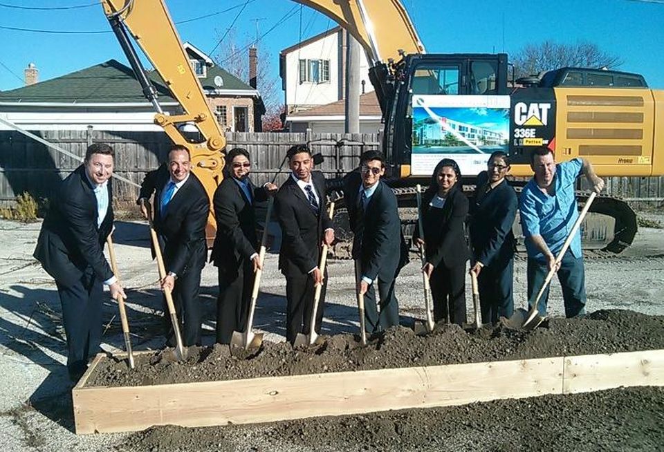 Kellen Duggan, First Western Properties; Paul Tsakiris, First Western Properties; Amit Patel, developer; Parth Patel, developer; Fahim Lakhani, First Western Properties; Hiral Patel, developer; Balkrishna Patel, developer, at the groundbreaking for Best Western's Vib Hotel in ChicagoUnknown area resident