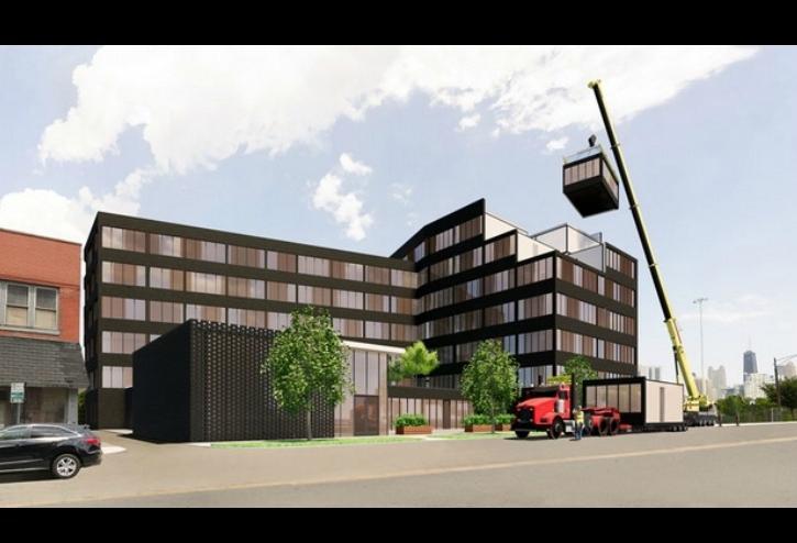 A rendering of a modular construction project envisioned by Skender.