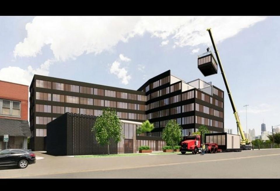 A rendering of a modular construction project envisioned by Skender.