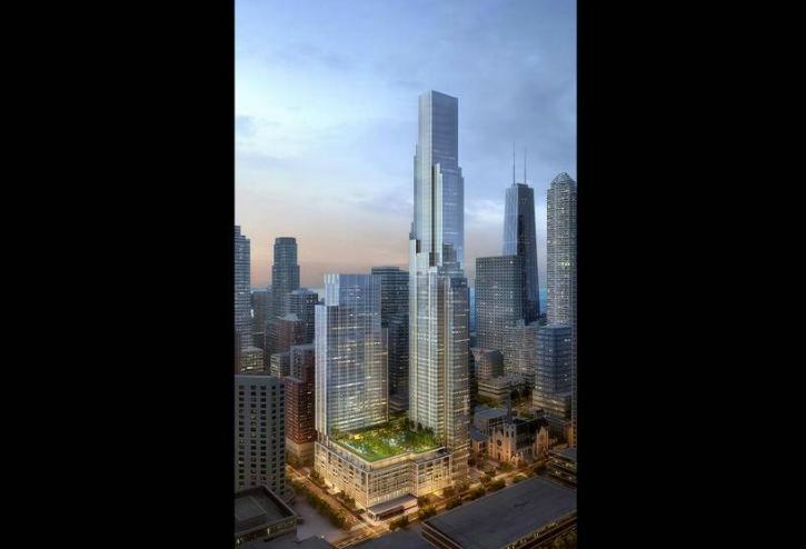 An aerial rendering for One Chicago Square, JDL Development's planned development on the Holy Name Cathedral parking lot site.