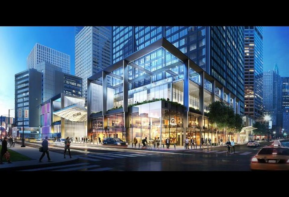 A rendering of Blackstone Group's planned renovations for Willis Tower, viewed from the corner of Jackson Boulevard and Wacker Drive