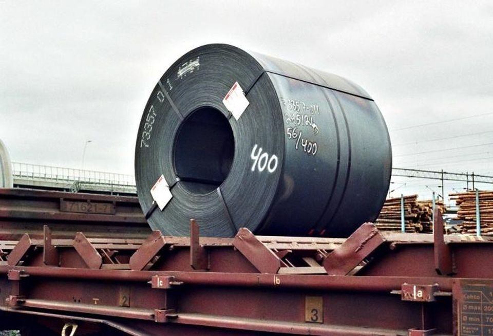 A coil of rolled steel in a freight yard in Oulu, Finland
