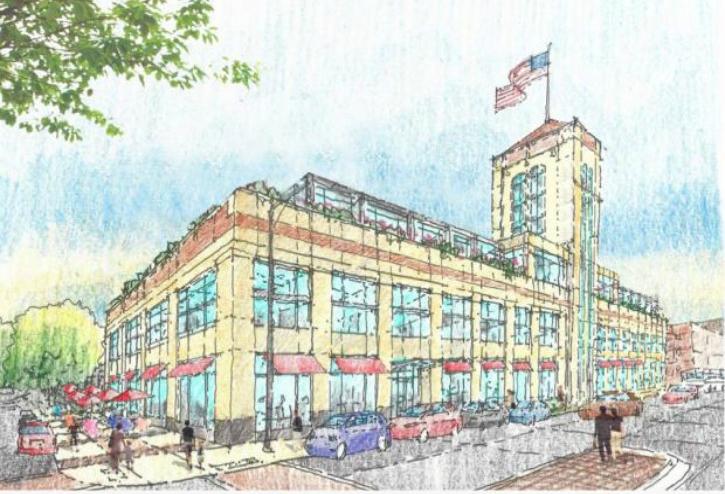 A rendering of Springbank Real Estate's plans to adapt a Sears department store at 1900 W Lawrence Ave in Chicago into a mixed-use TOD.