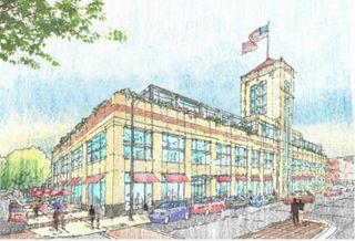 A rendering of Springbank Real Estate's plans to adapt a Sears department store at 1900 W Lawrence Ave in Chicago into a mixed-use TOD.