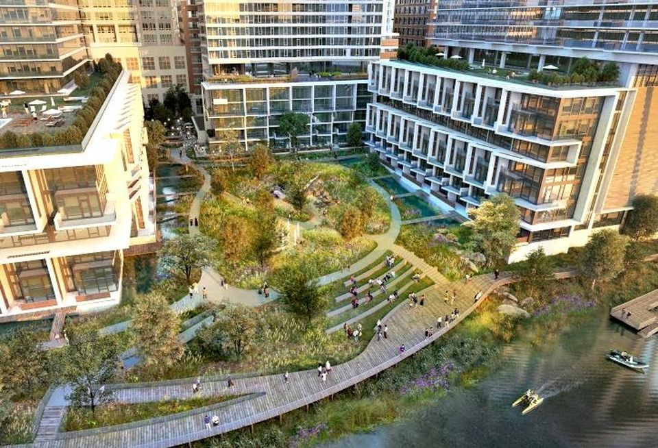 A rendering of Riverline, the massive multifamily development from CMK and Lendlease in Chicago's South Loop.