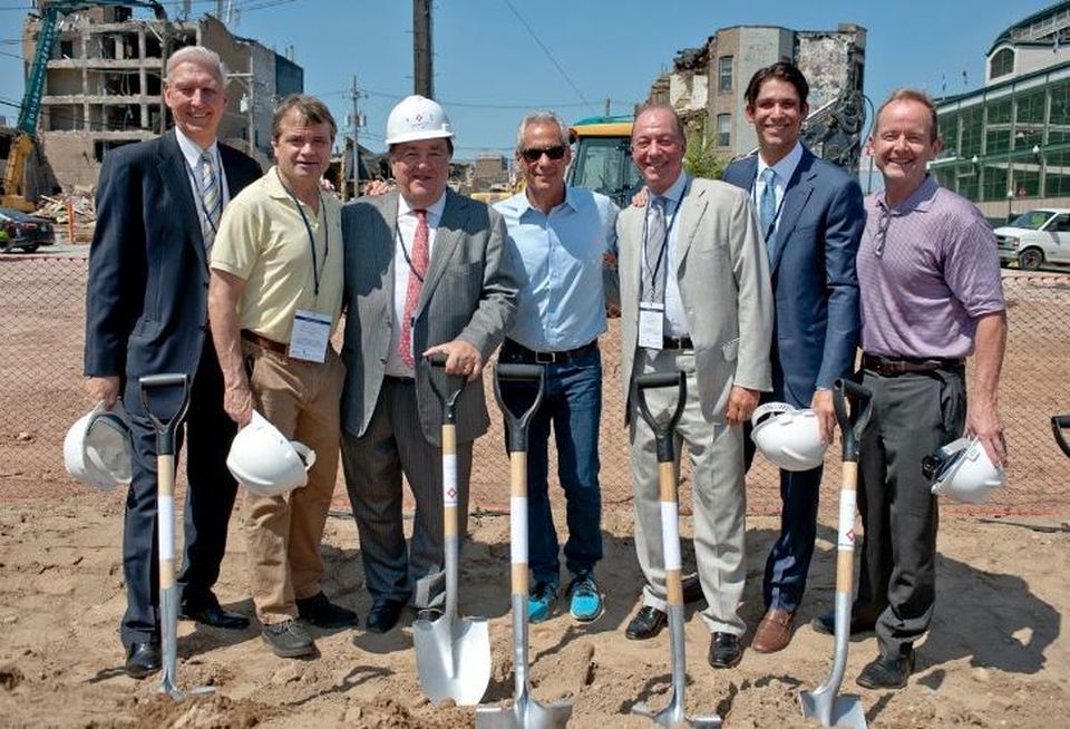 M&R Development Senior Partner Tom Moran; Congressman Mike Quigley; M&R Development President Tony Rossi, Sr; Mayor Rahm Emanuel; Bucksbaum Retail Properties CEO John Bucksbaum; Bucksbaum Retail Properties President Jason Olt and Alderman Tom Tunney (44th).