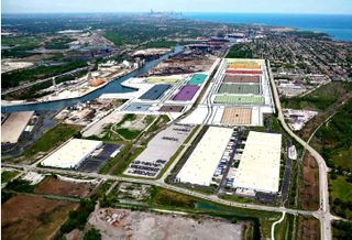 An aerial conceptual rendering of Centreport Industrial Park on Chicago's Southeast Side.