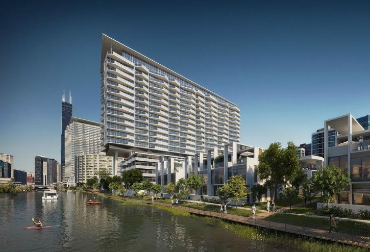 A rendering of Riverline, a multifamily development in Chicago's South Loop.