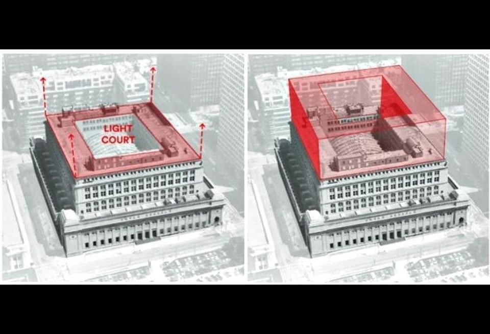 A rendering showing how Riverside Investment and Development's planned seven-story addition to Union Station will affect the light court.
