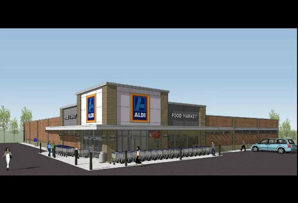 A rendering for a future Aldi supermarket at 5501 South Harlem Ave., Chicago
