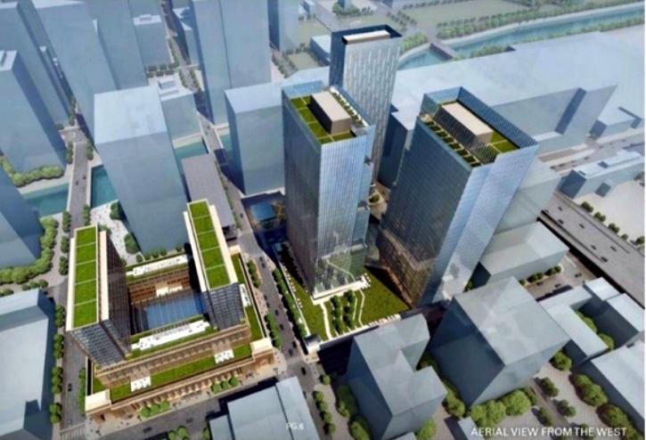 An aerial rendering of Union Station's redevelopment, viewed from the west.