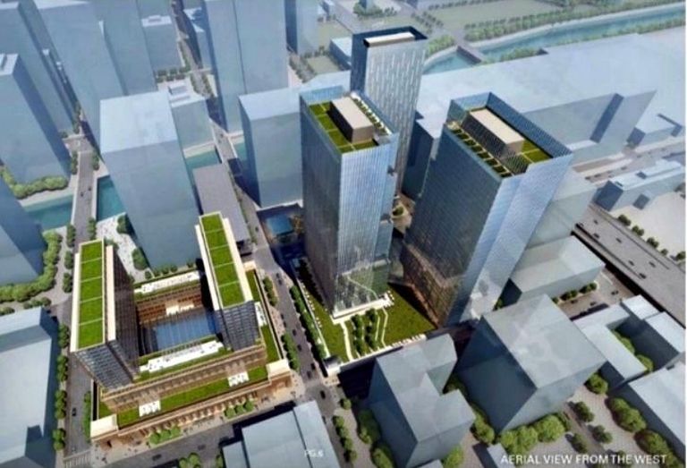 An aerial rendering of Union Station's redevelopment, viewed from the west.