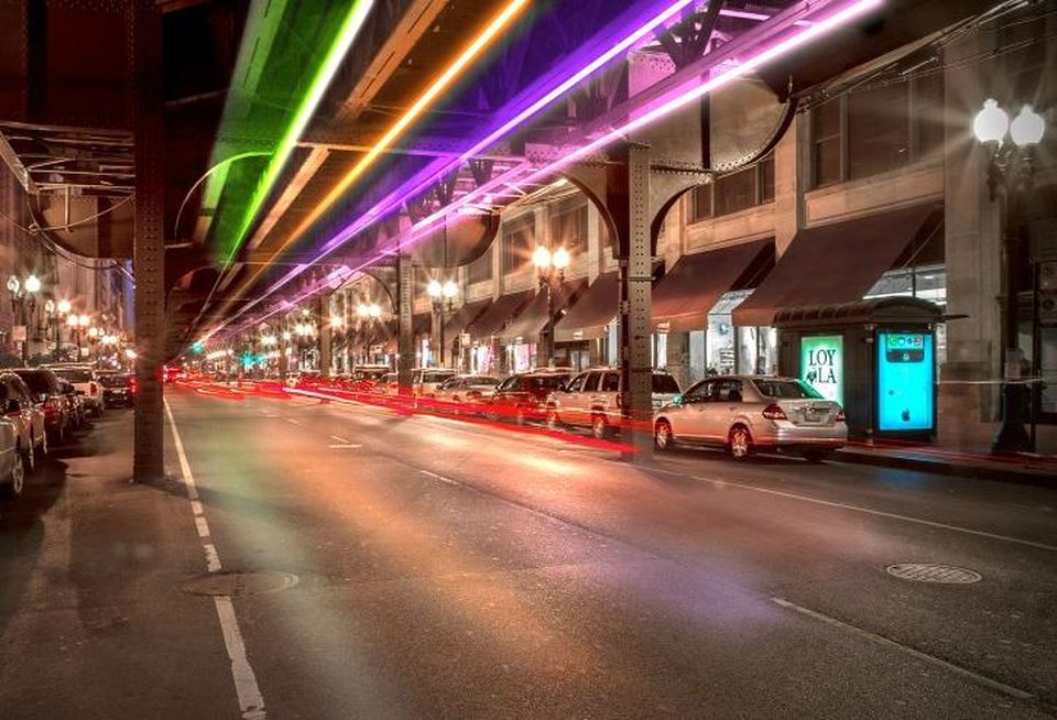 A rendering of Wabash Avenue in Chicago's Loop with a proposed light installation.