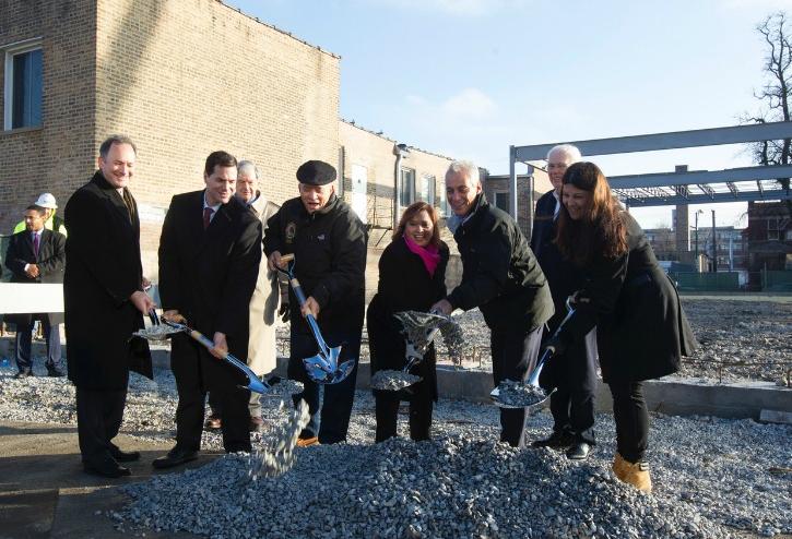 Merit Partners' partner Paul Fishbein, Clark Street Real Estate principal Peter Eisenberg, Illinois state Rep. Luis Arroyo, Ald. Milly Santiago (31st), Chicago Mayor Rahm Emanuel and Chicago Buildings Commissioner Judy Frydland at the Retail at the Fields groundbreaking, Jan.18,2017.