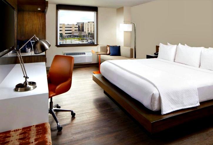 A model of a king suite at the Cambria Chicago Loop hotel.
