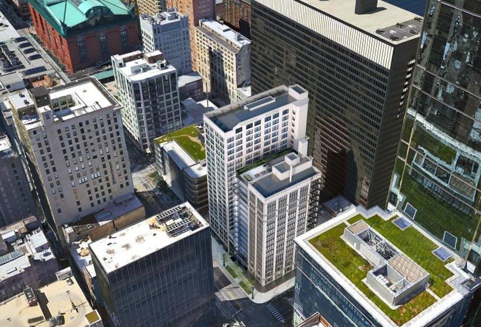 An aerial rendering of CA Ventures' plans to rehab 202 and 220 South State Street.