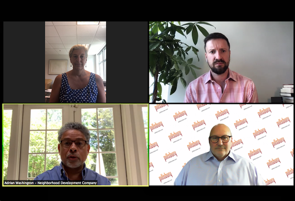 Clockwise from top left: Urban Atlantic's Vicki Davis, Bisnow's Mike Ponticelli, Pillsbury's James Bobotek and Neighborhood Development Co.'s Adrian Washington