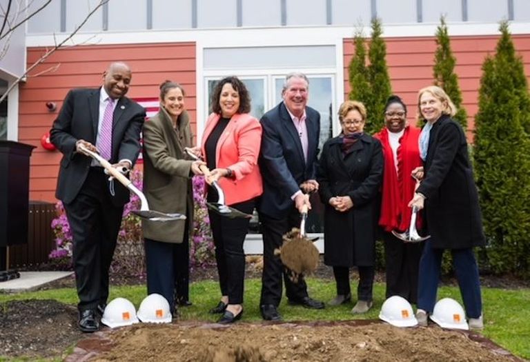 Lt. Gov. Kim Driscoll and New Boston Fund, Inc. Director Jerome Rappaport Jr. at the groundbreaking for the Preserve at Olmsted Green on April 24.