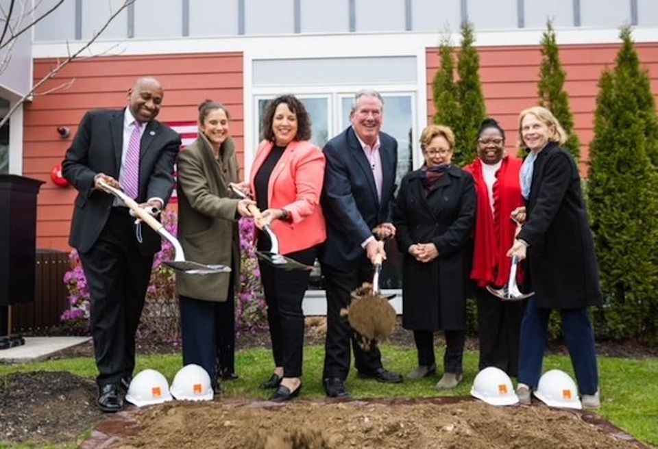 Lt. Gov. Kim Driscoll and New Boston Fund, Inc. Director Jerome Rappaport Jr. at the groundbreaking for the Preserve at Olmsted Green on April 24.