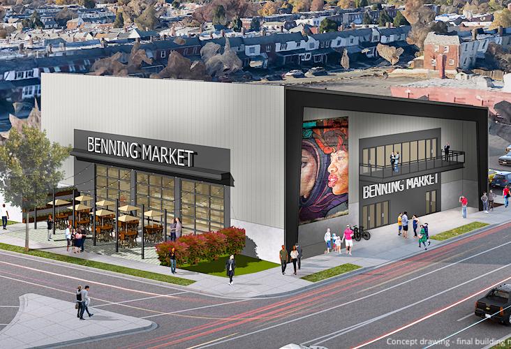 Rendering of Benning Market, a planned food hall in Deanwood, D.C.