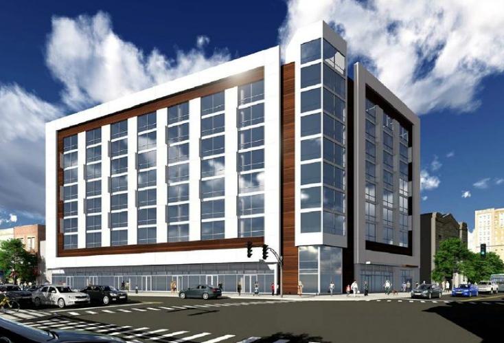 A rendering of a nine-story, mixed-use TOD at Wilson and Broadway in Chicago's Uptown neighborhood.