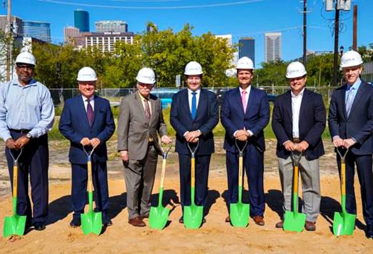 Midtown Redevelopment Authority executive director Matt Thibodeaux; Midtown Management District board chairman William Franks; Houston chief development officer  Andy Icken; Caydon principal Joe Russo; Caydon COO Derrek LeRouax; HOAR Construction vice president Brian Cook and Houston Director of Planning and Development  Patrick Walsh