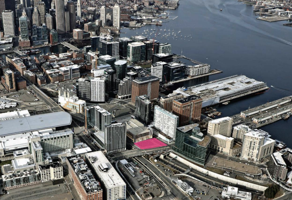 An aerial view of Massport's Parcel D-4 where The Community Builders and The Menkiti Group plan to develop a 200-unit mixed-income apartment project.