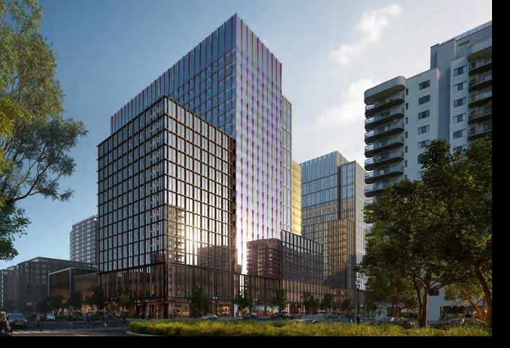 A rendering of the first phase of Amazon HQ2 development, seen from 15th and Eads streets. 