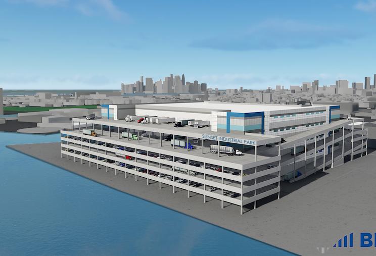 A rendering of Sunset Industrial Park, a four-story, 1.3M SF warehouse planned in Brooklyn