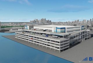 A rendering of Sunset Industrial Park, a four-story, 1.3M SF warehouse planned in Brooklyn