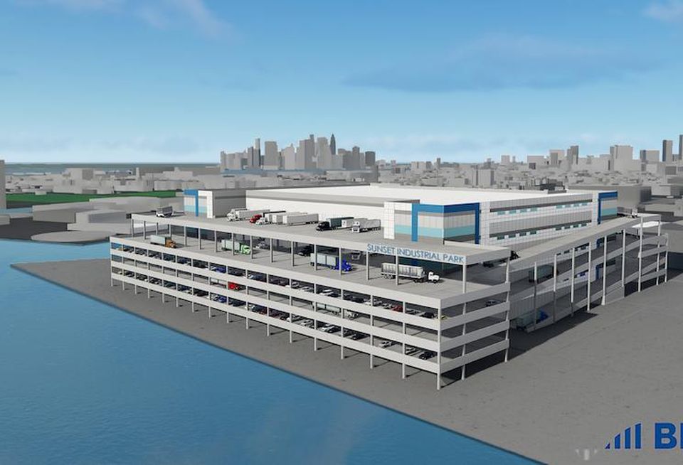 A rendering of Sunset Industrial Park, a four-story, 1.3M SF warehouse planned in Brooklyn