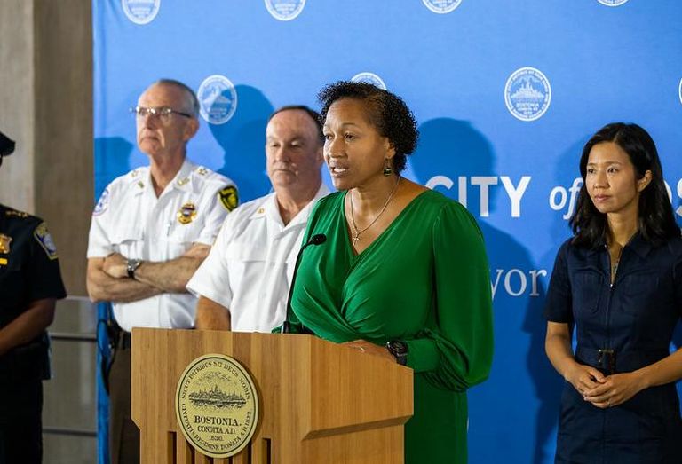 Rev. Mariama White-Hammond, Chief of Environment, Energy, and Open Space, speaking at a press conference about Boston's efforts to prepare for Hurricane Lee.