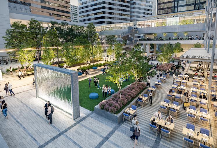 A rendering of the renovated Houston Center plaza
