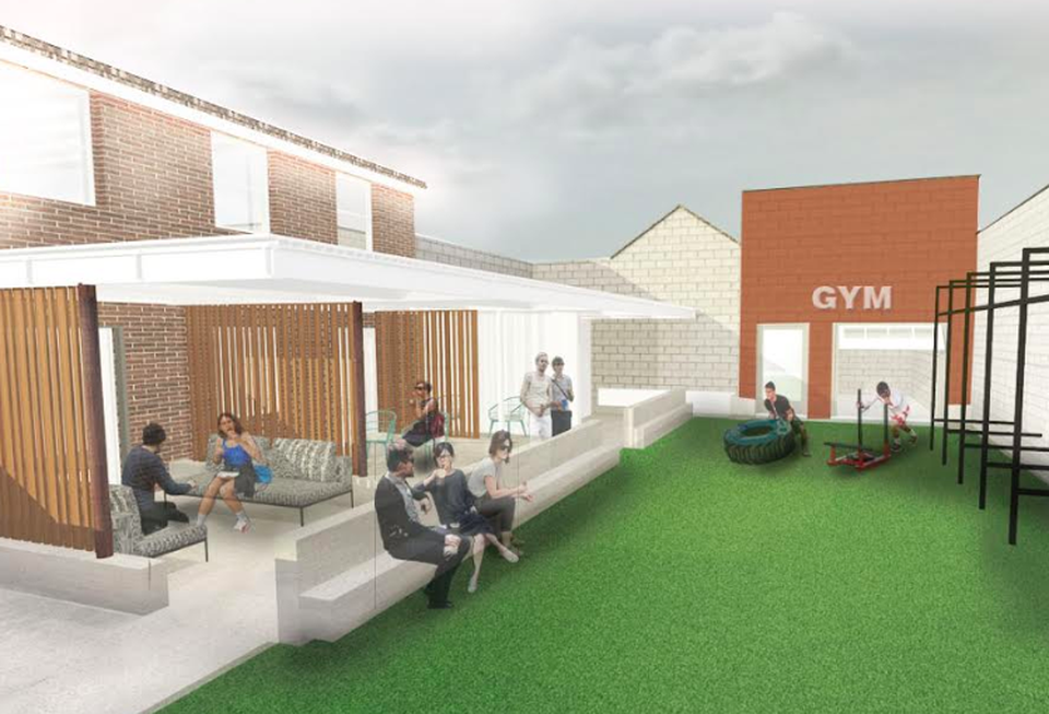A rendering of the outdoor patio and gym at The Loop