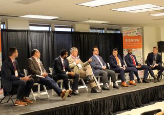 Jackson EMC Business Development Manager Kevin Dodson, Capitol Seniors Housing Principal Michael Hartman, Gwinnett County Government Director of Economic Development Roman Dakare, Brand Properties CEO Brand Morgan, Ackerman & Co. Retail President Leo Wiener, Partnership Gwinnett Vice President of Economic Development Andrew Carnes, Gwinnett County Commissioner Kirkland Carden and Goode Van Slyke Architecture Vice President Stephen Cook at Bisnow's Gwinnett County event on Oct. 5, 2021.
