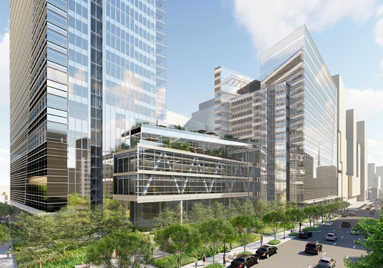 Rendering for Cousins Properties' twin-tower Norfolk Southern headquarters in Midtown Midtown Development Review Committee Cousins Properties Norfolk Southern
