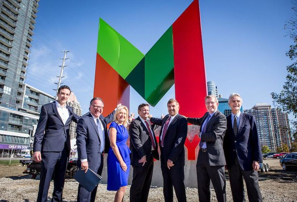 Mississauga Councillor John Kovac, Ward 4; Councillor Nando Iannicca, Ward 7; Mayor Bonnie Crombie, City of Mississauga; Edward Rogers, Deputy Chairman, Rogers Communications Inc.; Edward Sajecki, Commissioner of Plannning for the City of Mississauga; Mark Reeve, Partner Urban Capital; Donald Clinton, Partner Cooper Robertson.