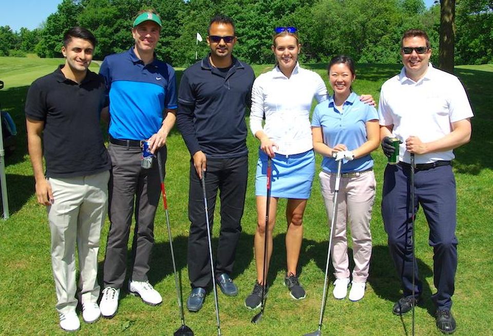 Pictured at the CRELA golf tournament at The Country Club in Woodbridge are JLL's Sim Manocha, RBC VP Travers Beck, event organizer and JLL EVP (and R2Crowd co-founder) Amar Nijjar, ACM Advisors’ Whitney Stevenson and Olivia Kahng, and RBC’s Jon Seaby.