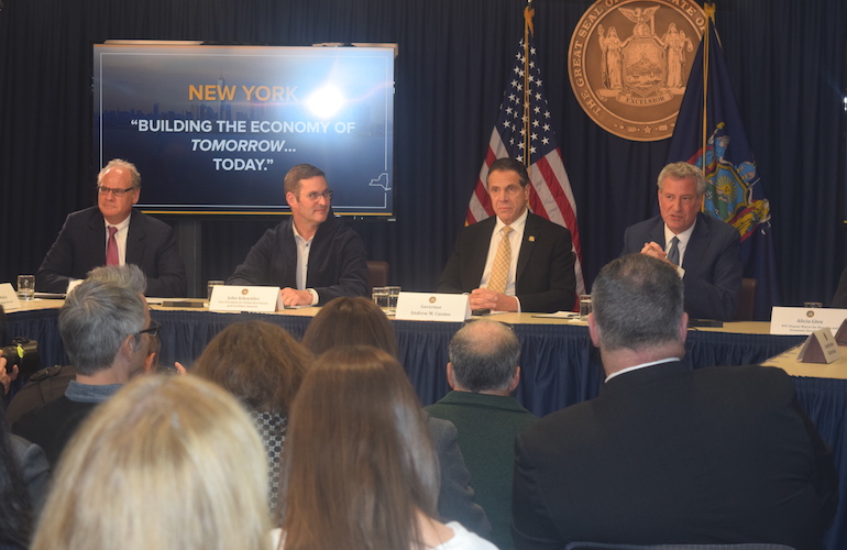 The New York City Amazon headquarters announcement featured Empire State Development's Howard Zemsky, Amazon Vice President of Global Real Estate and Facilities John Schoettler, Gov. Andrew Cuomo and Mayor Bill de Blasio 