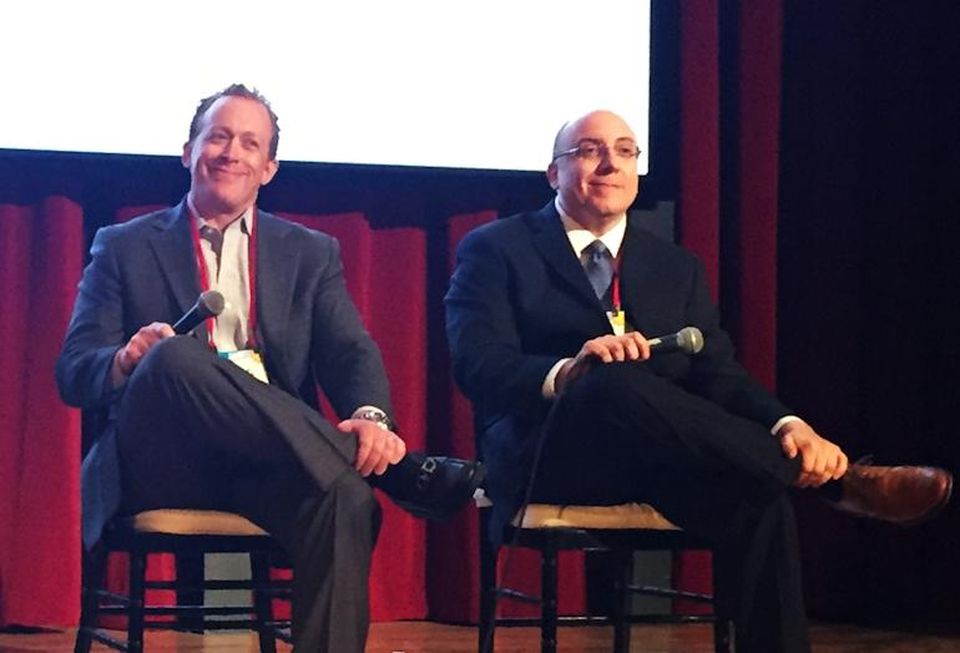 Edison Properties EVP of redevelopment Michael Sommer and HFF senior managing director Jose Cruz at Bisnow's Repositioning and Redeveloping New Jersey event at Bell Works