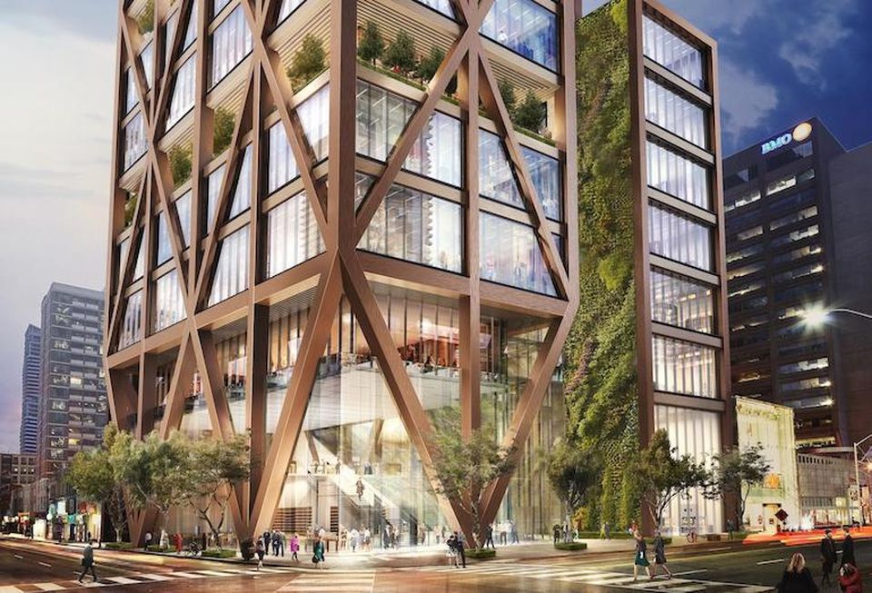 A rendering of the street-level view of The One