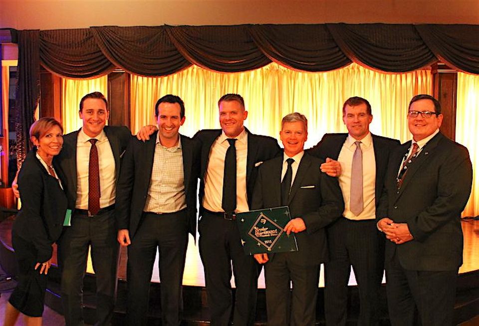 Attendees at the 2015 SIOR Broker of the Year Gala: SIOR director Angela Plant, Colliers’ Peter Garrigan, Menkes’ Noah Gordon, Colliers' Doug Murray, Cushman & Wakefield’s Gil Gordon, and Colliers’ Scott Addison and Allen Gump (based in Dallas).