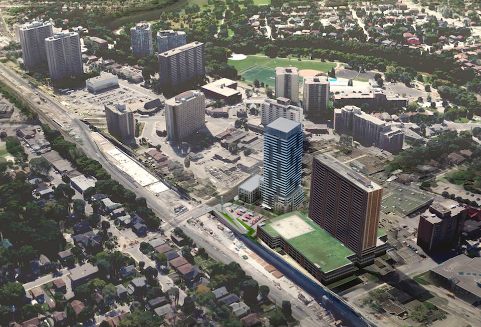 An aerial view of the Weston redevelopment, including 22 John St and 33 King St