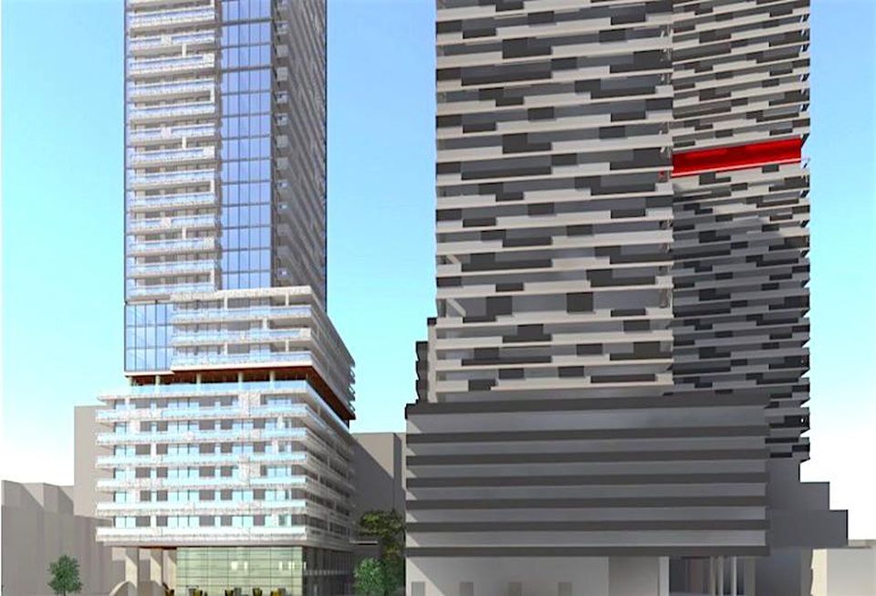 A rendering of the condo tower planned for 39-41 Roehampton (seen at left) and the neighbouring E Condos development, a JV between Metropia, Bazis and RioCan REIT.